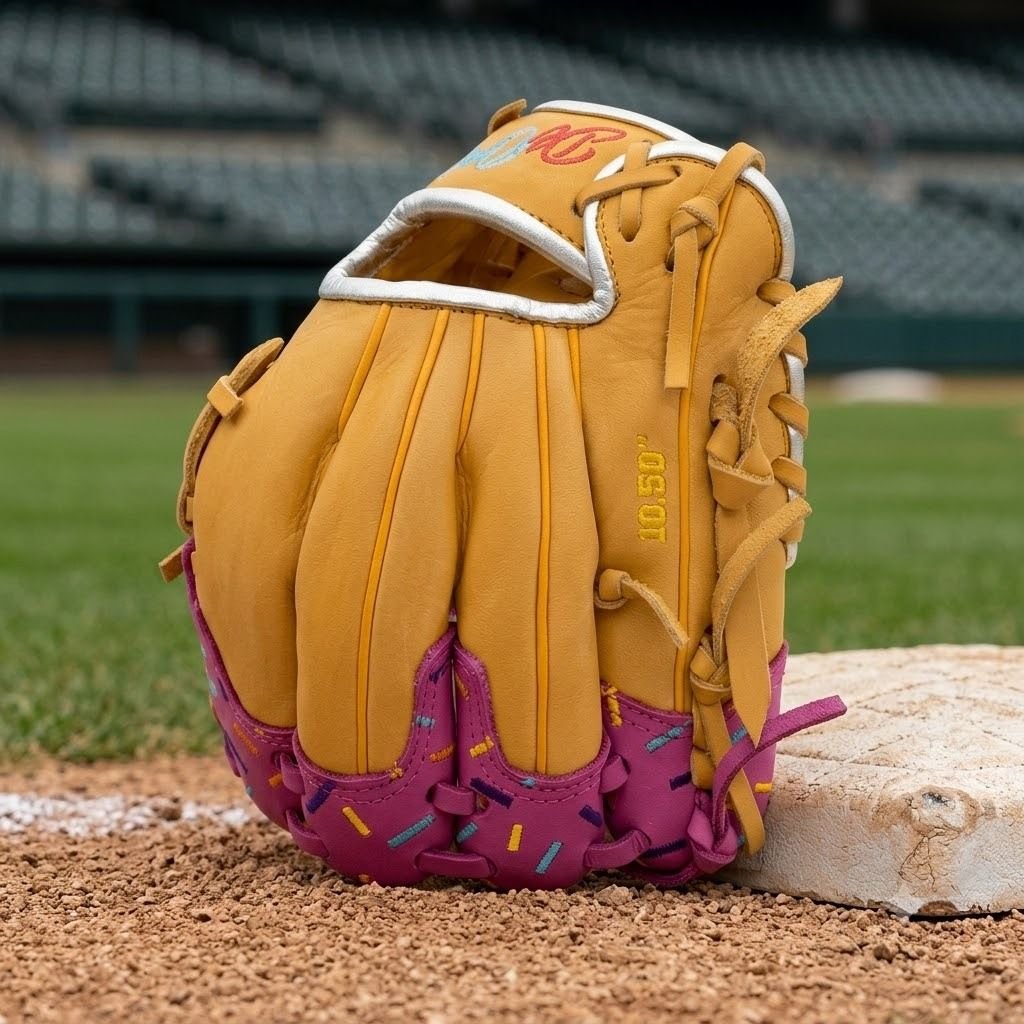 Serving up some sweet style on the diamond. 🍩🔥 This custom glove brings the heat with rich gold leather and a fun, sprinkle-detailed web that is guaranteed to turn heads.DeOro SportsCustom yours now at deorosports.com#deorosports #customgloves #baseball #softball #fyp