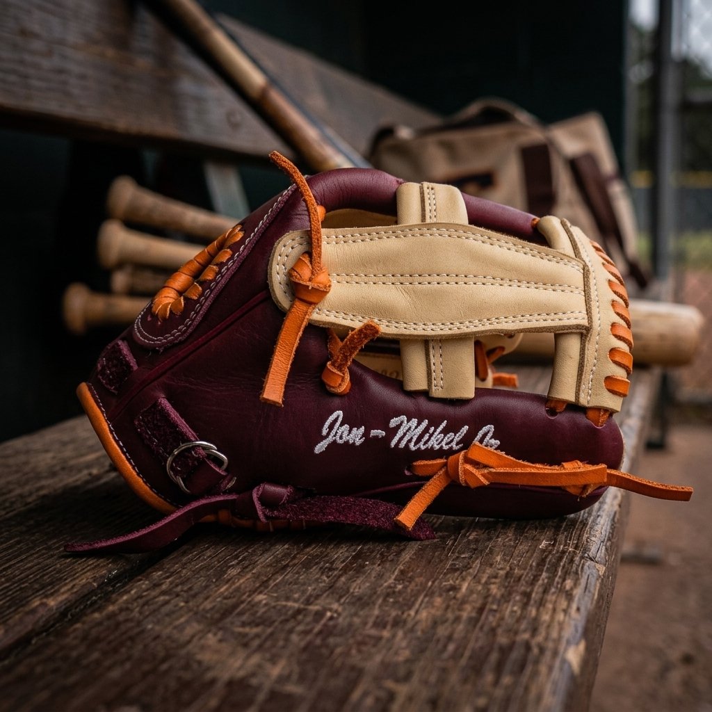 Nothing beats timeless craftsmanship. ⚾️🔥 Deep maroon leather paired with a blonde web and custom embroidery—this glove resting on the dugout bench brings that classic, old-school baseball feel into the modern game.Rate this custom glove colorway from 1–10 in the comments! 👇#BaseballGlove #CustomGlove #BaseballGear #DugoutViews #GloveCraftsmanship