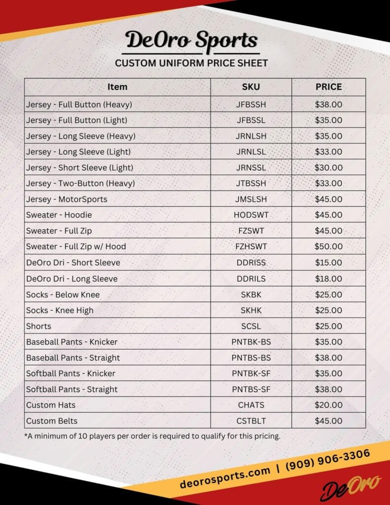 DeOro Sports-Custom Uniform-Price-List