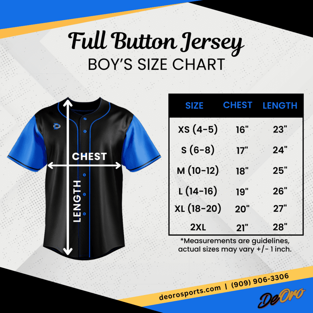 Full Button Jersey Baseball Softball Boys Size Chart
