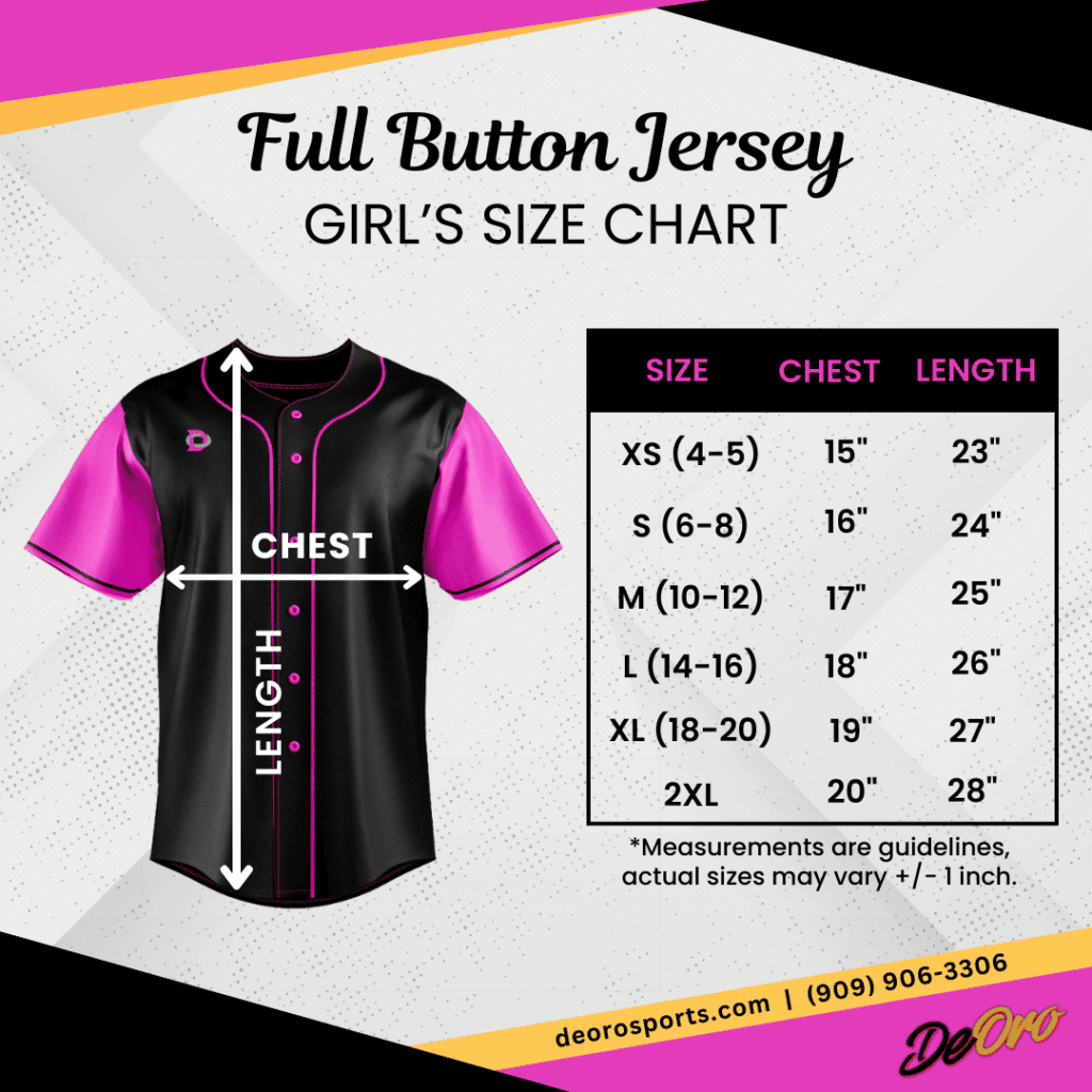 Full Button Jersey Baseball Softball Girls Size Chart