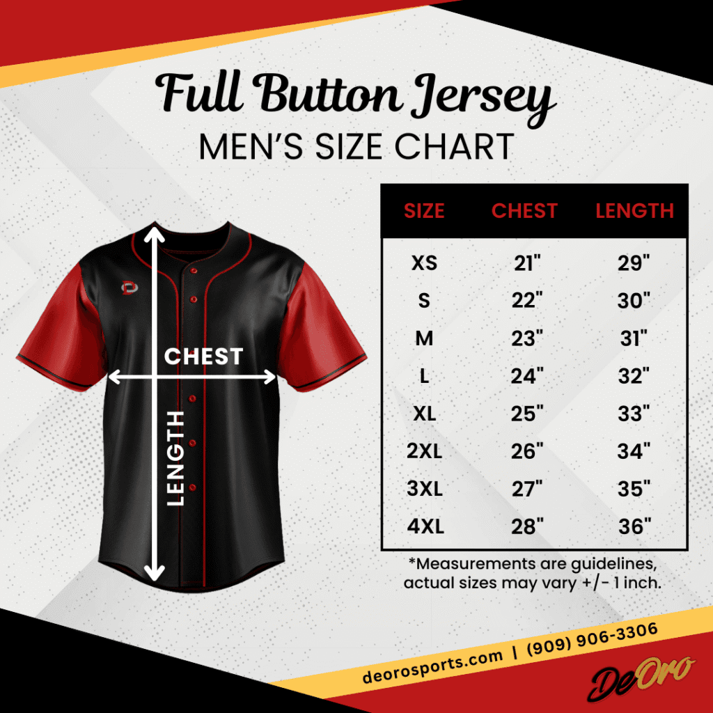 Full Button Jersey Baseball Softball Mens Size Chart